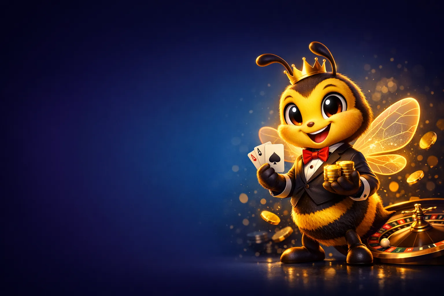 HunnyPlay Casino stylized 3D honey bear mascot with golden glow and premium casino atmosphere on deep navy background